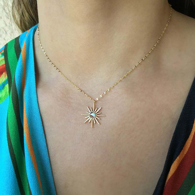 Boho Synthetic Opal Necklace Gold Sun God