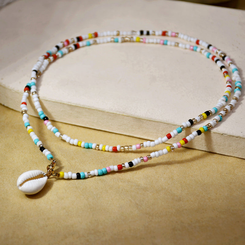 Necklace Double Layered Long Glass Bead Shell Necklace