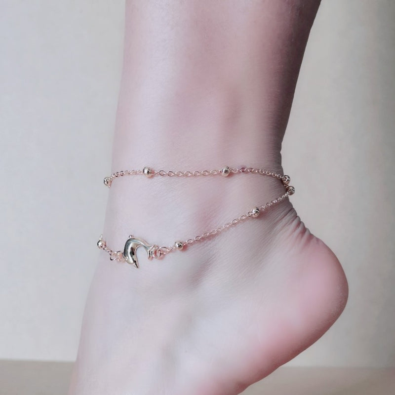 Double-Layer Silver Bead With Dolphin Anklet