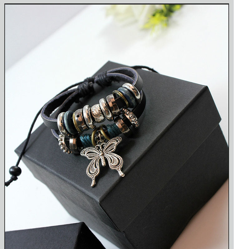 Fashion Butterfly Beaded Leather Bracelet