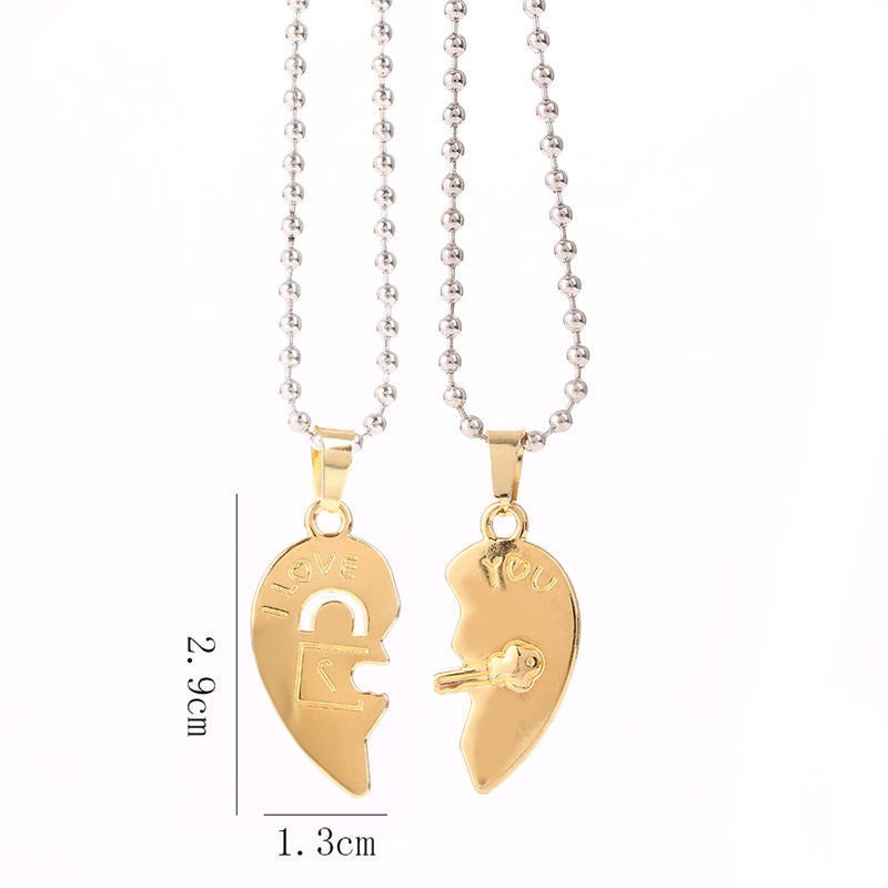 Golden Love Stitching Key Lock Pendant Round Bead Chain Necklace