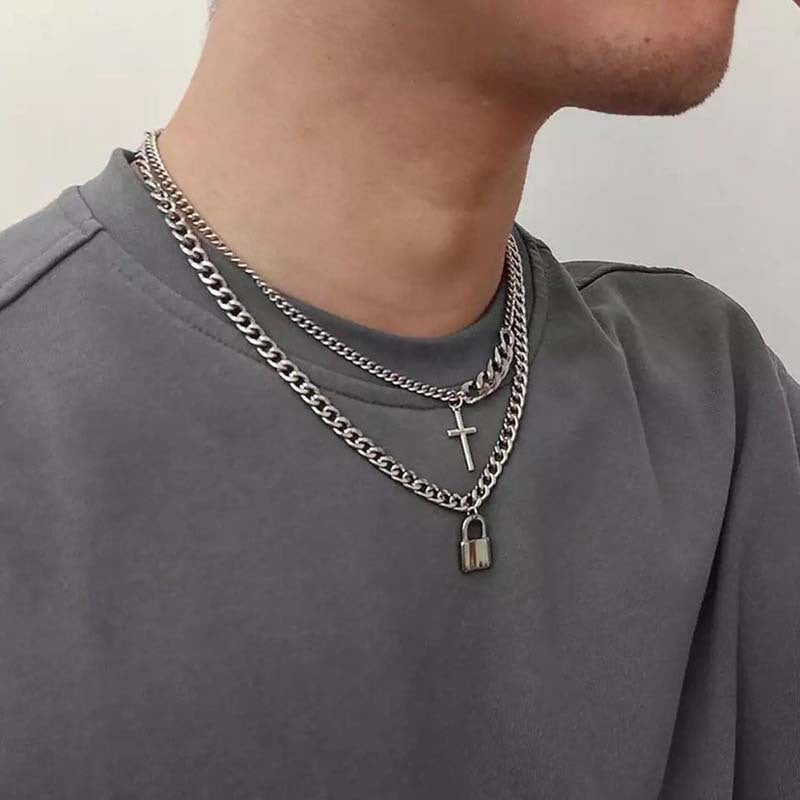 Cross Padlock Necklace Hip Hop Simple Cool Handsome Stitching Double Clavicle Chain