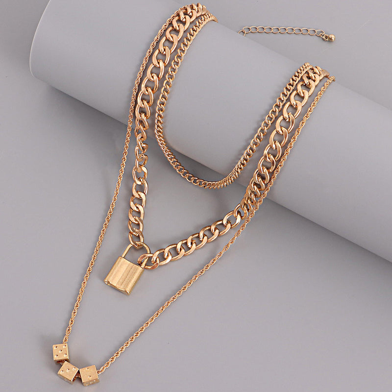 Multilayer Cuban Thick Chain Dice Lock Row Pendant Necklace