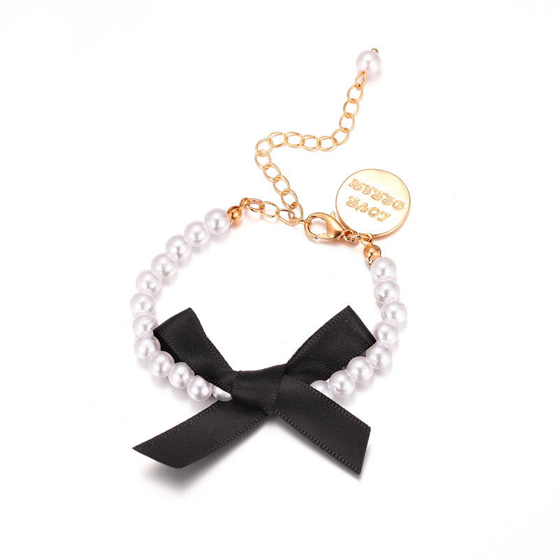 Pearl Beaded with Black Bow & Letter Bracelet