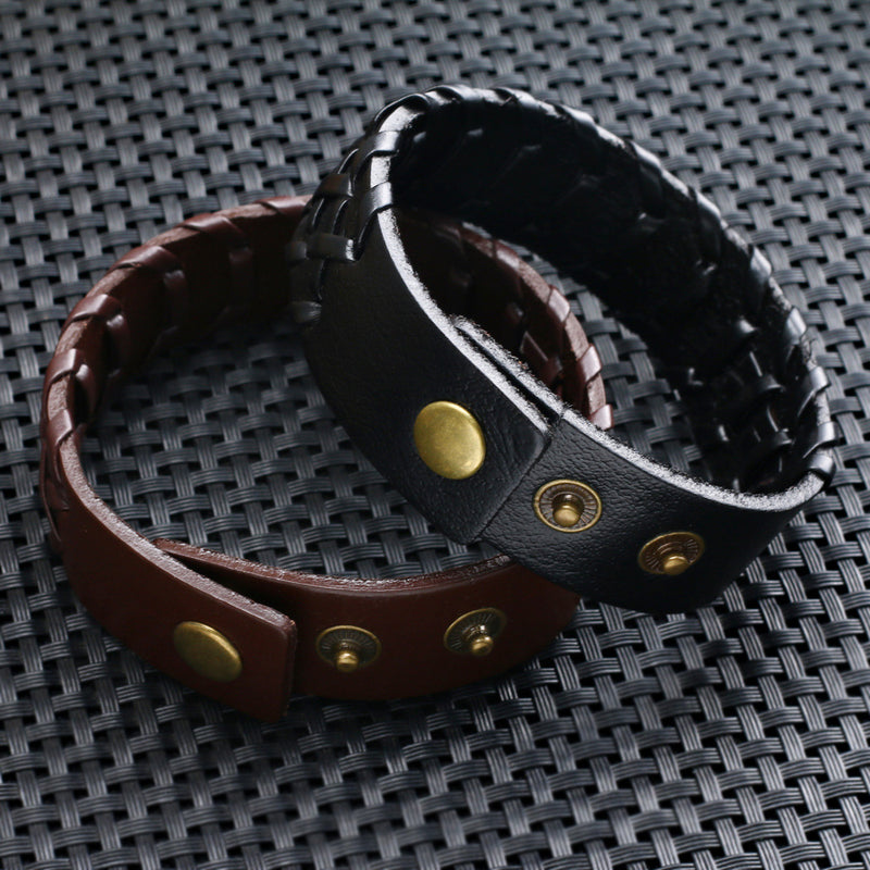 Men's Black Woven Leather Fashion Adjustable Bracelet