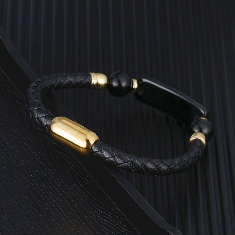 Men's Simple European Style Leather Stainless Steel Bracelet