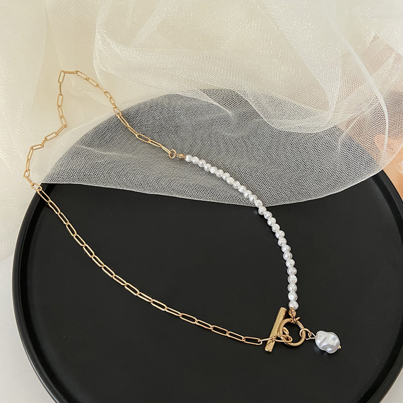 Elegant Natural Freshwater Pearl Necklace For Women Gold Chunky Link Chain Asymmety Toggle Clasp Circle Chokers Necklace