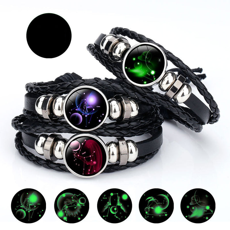 Luminous Twelve Constellation Time Stone Cowhide Beaded Bracelet