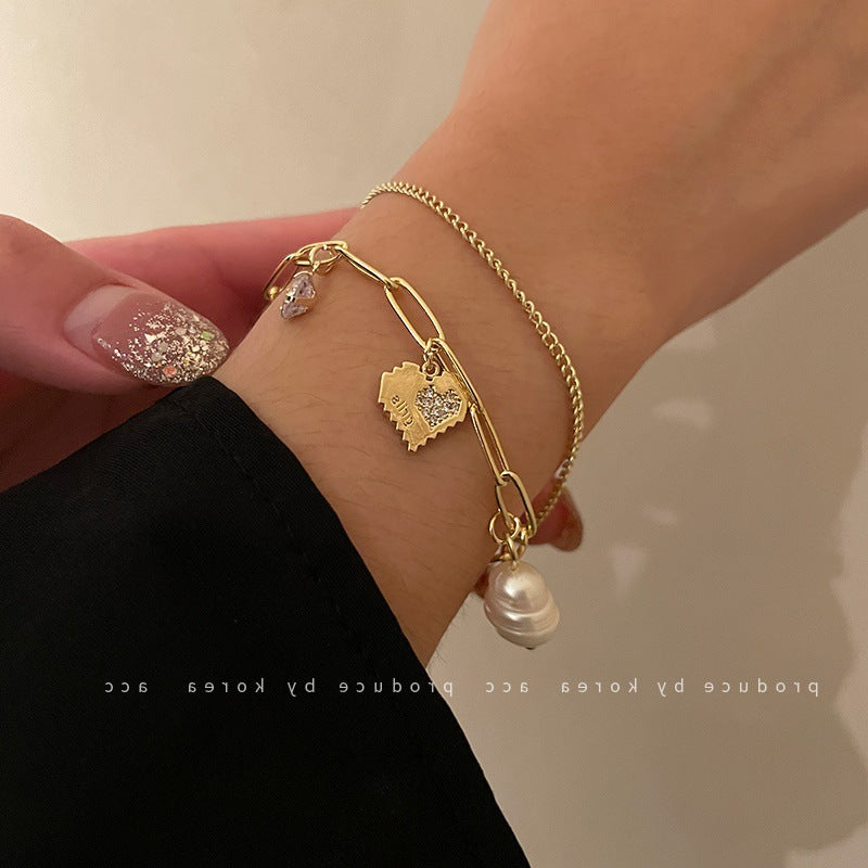 Women's Double Layer Freshwater Pearl & Diamond Love Bracelet