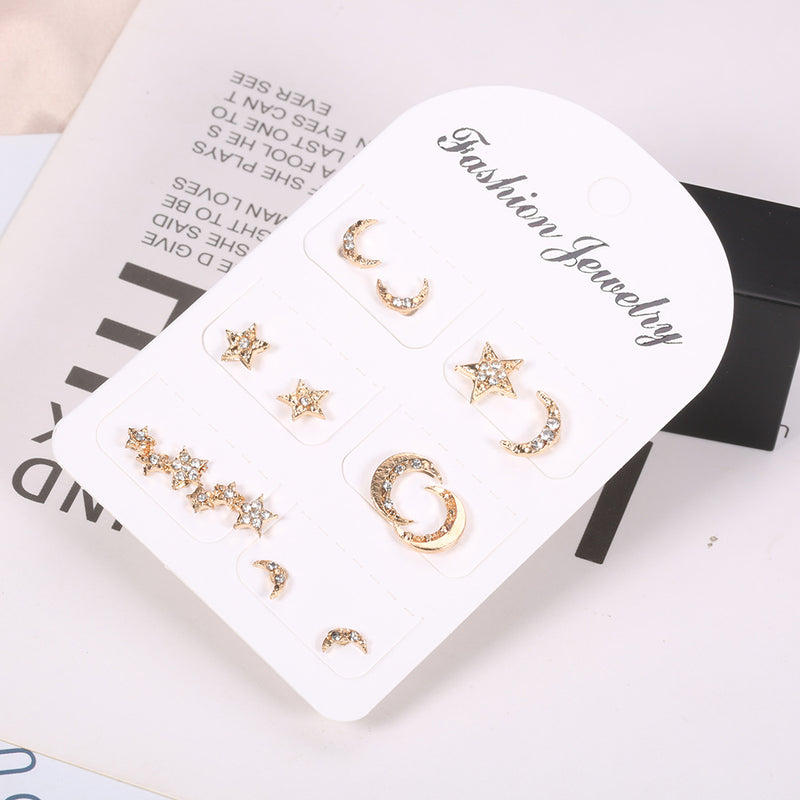 Stars And Moon With Diamonds 6 Pairs Of Stud Earrings