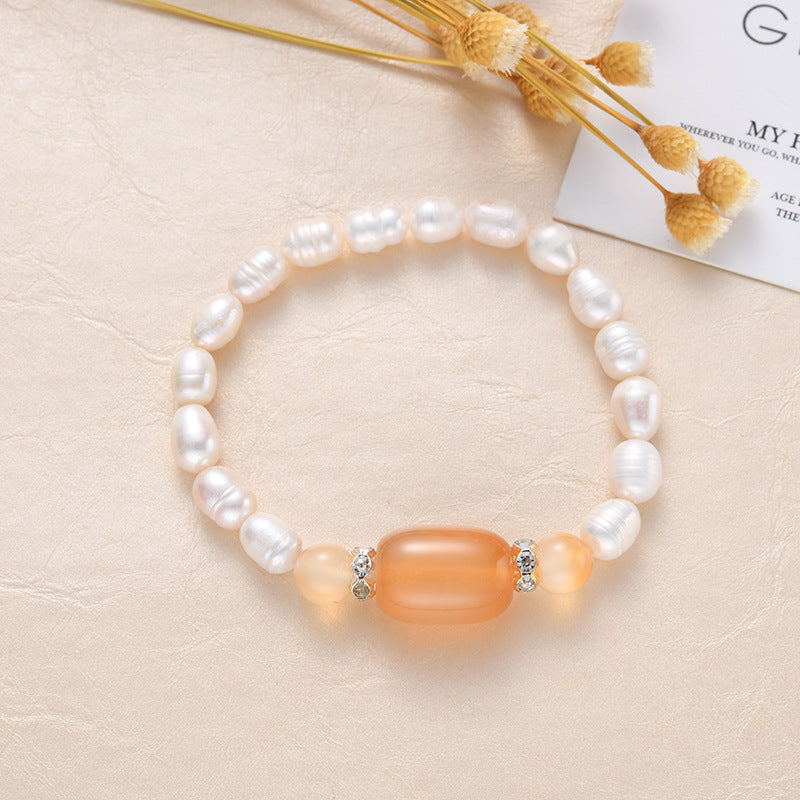 Simple Freshwater Pearl & Chalcedony Agate Stone Rice Bead Bracelet