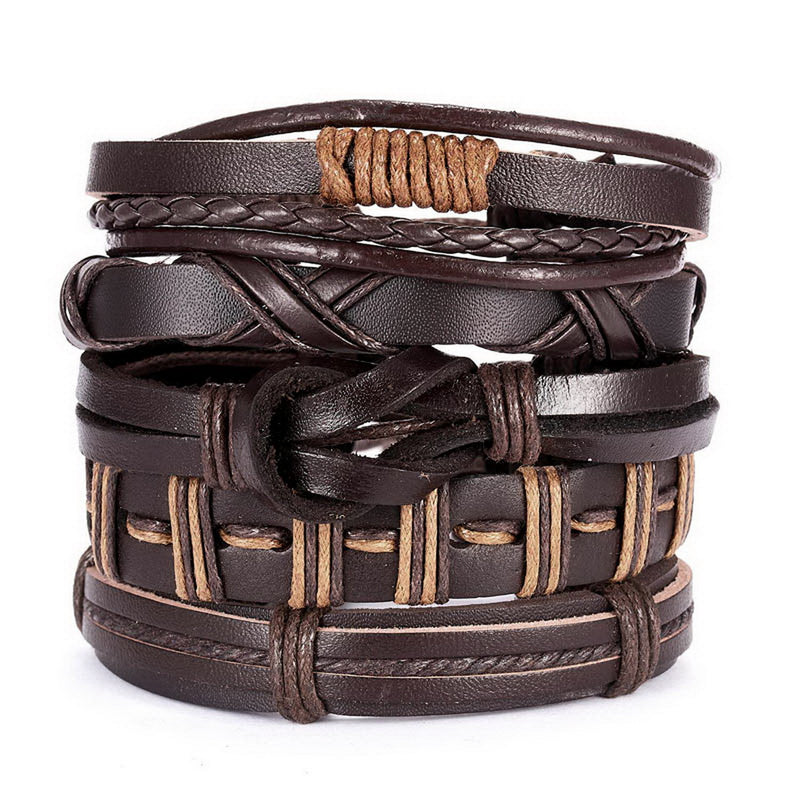 Yiwu Wholesale New Men's Leather Set Bracelet Creative Leaves Wooden Bead Woven Leather Adjustable Set Bracelet