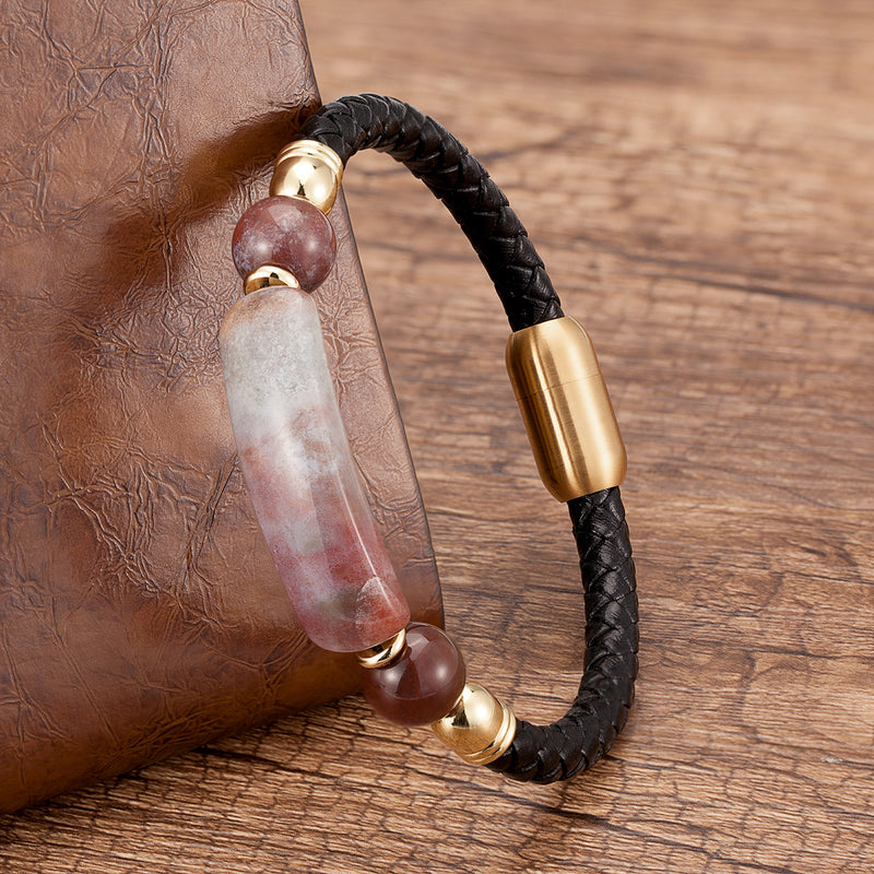 Curved Stone Leather Rope Braided Bracelet