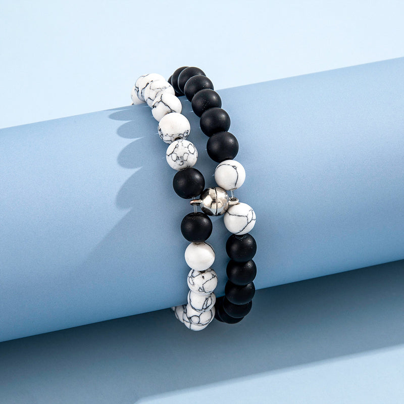 Black And White Frosted Stone Magnetic Buckle Elastic Bracelet