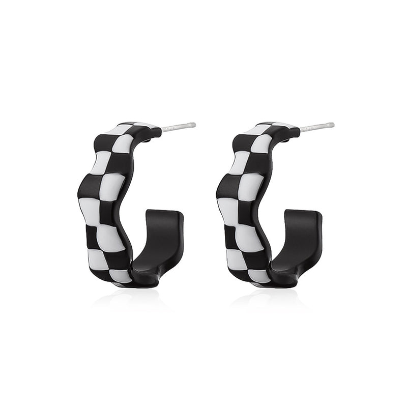 Retro Temperament Dripping Oil Black And White Checkerboard Earrings Ins Net Red