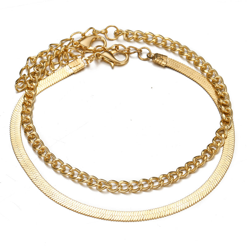 Two-Piece Flat Snake Chain Anklet Set