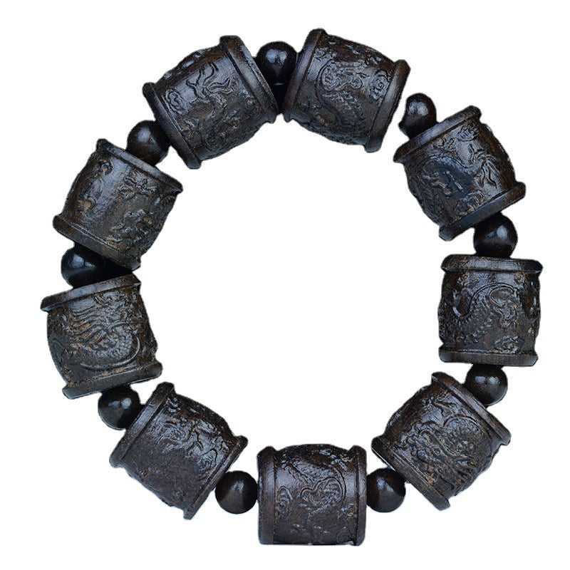 Black Leather Bracelet With Leather Gray Eighteen Arhats Carved Head Beads