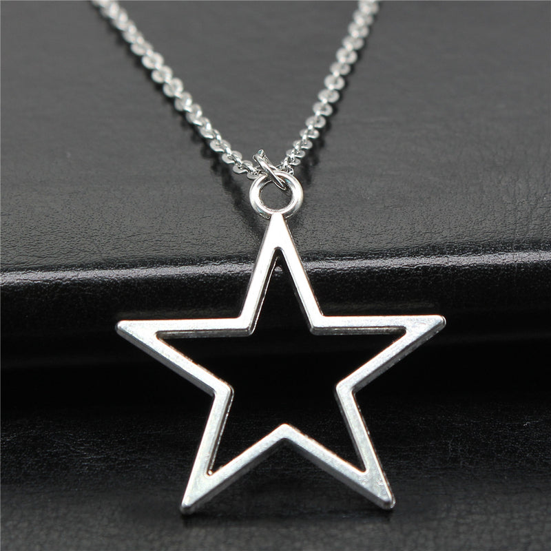 Silver Hollowed Out Pentagram Pendant Cross Chain Women's Necklace