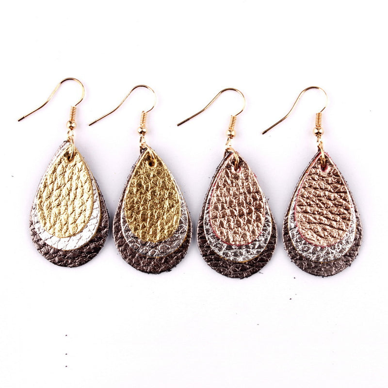 Three Layered Glitter Pride Litchi Print PU Leather Teardrop Earrings Rose Gold Multi-layer Leather Hook Earrings Brincos