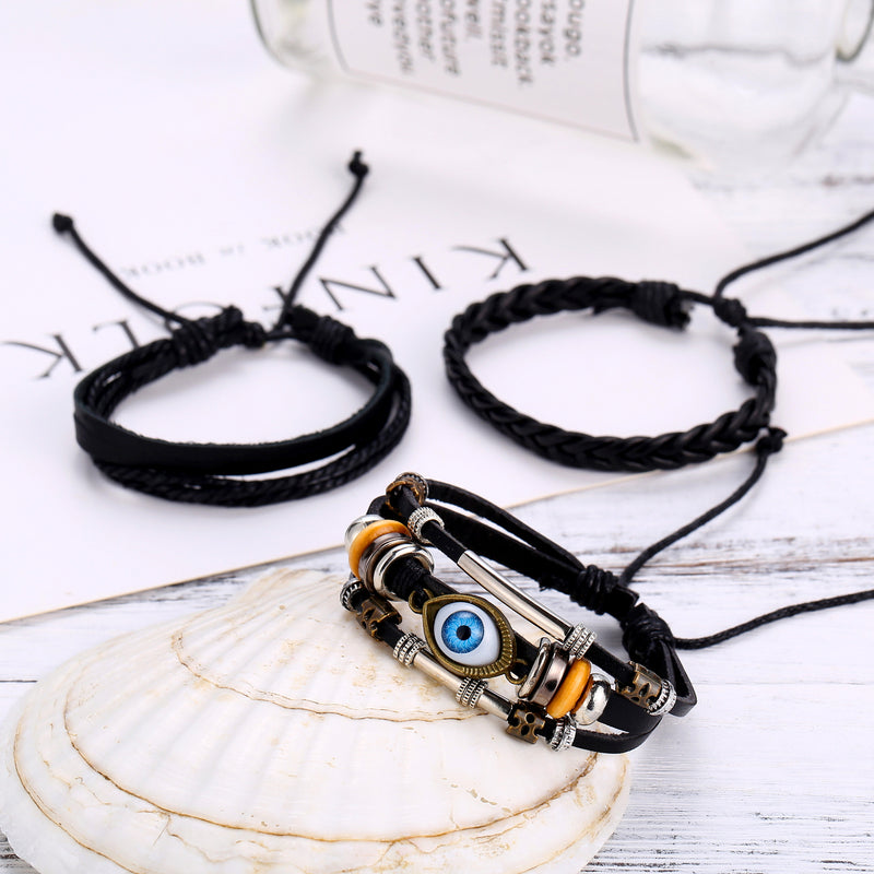 Creative Eye Woven Leather Bracelet Set Three-piece