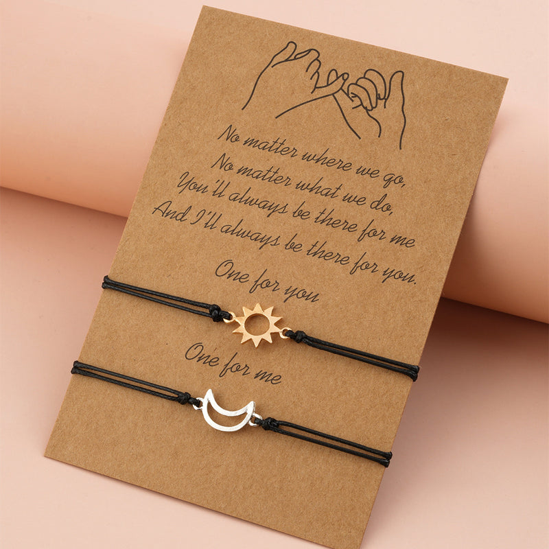 Simple Alloy Sun And Moon Wax Wire Weaving Adjustable Card Lovers Bracelet
