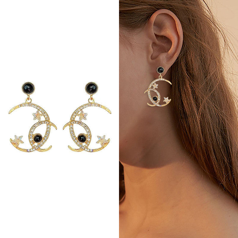 Diamond Crystal Five-pointed Star Moon Earrings Retro