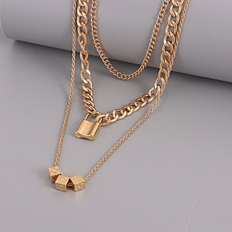 Multilayer Cuban Thick Chain Dice Lock Row Pendant Necklace