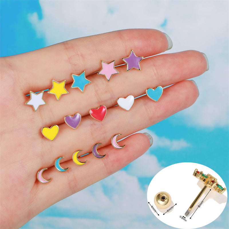 Screw Piercing Love Star Moon Stud Earrings