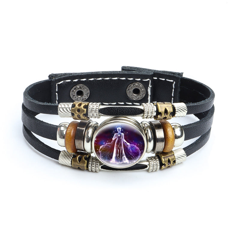 Luminous Zodiac Leather Wooden Bead Weaving Bracelet