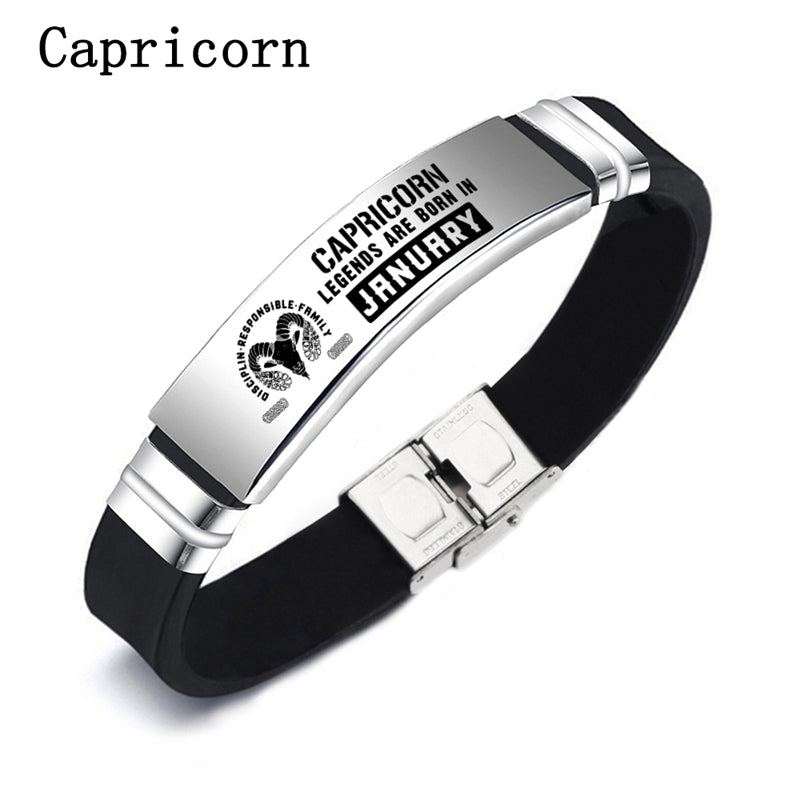 Engraved 12 Constellation Zodiac Sign Stainless Steel ID Bracelet Silicone Bangle