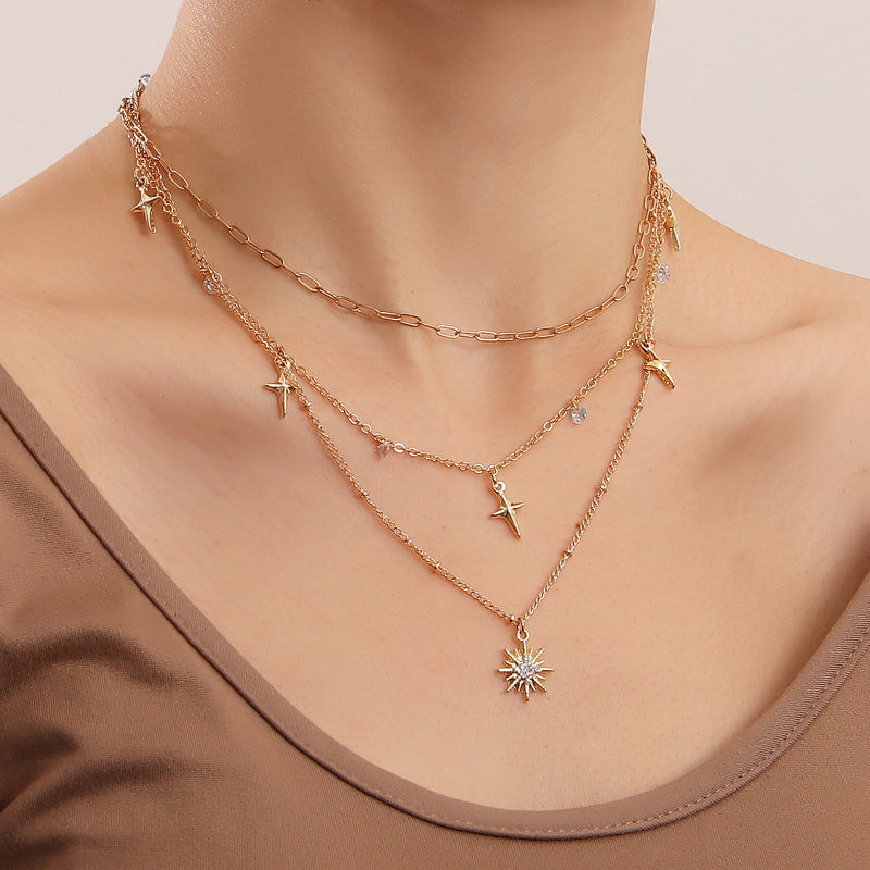 Fashion Gold-plated Double Crystal Pendant Necklace