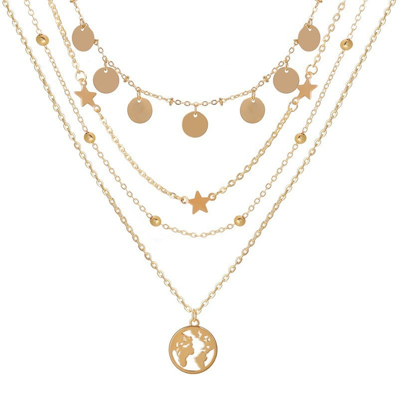 Multilayer Disc Pendant Women's Necklace Pentagram Star Beads