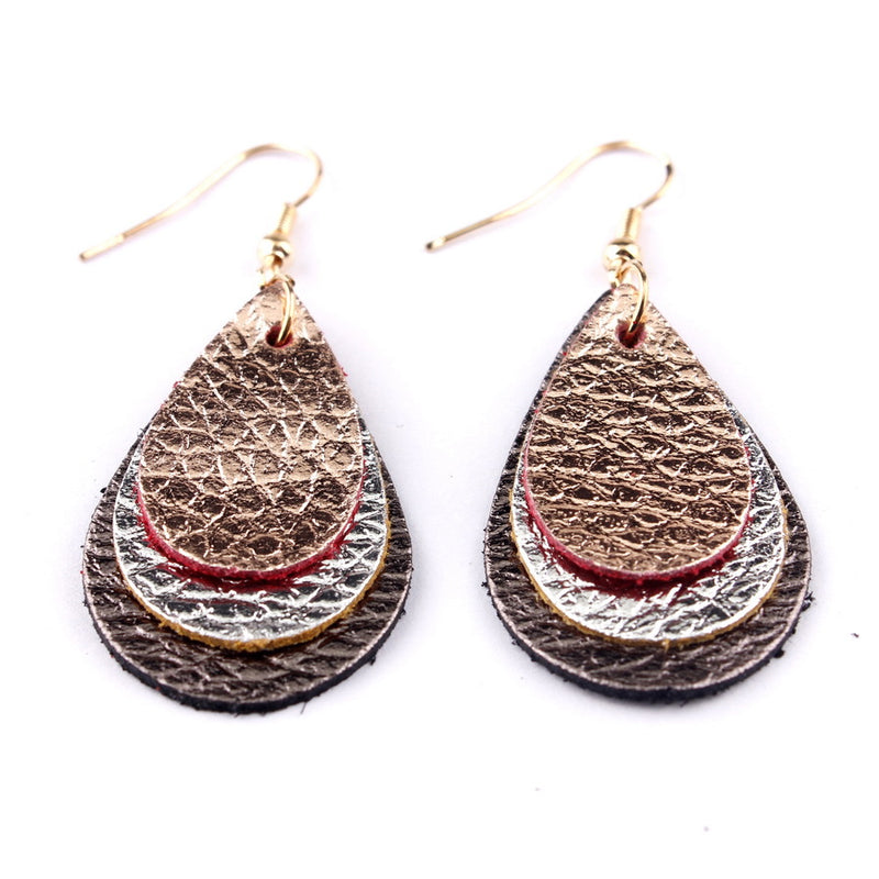 Three Layered Glitter Pride Litchi Print PU Leather Teardrop Earrings Rose Gold Multi-layer Leather Hook Earrings Brincos