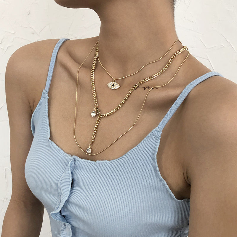 Snake Chain Exaggerated Stacking Necklace With Geometric Micro-inlaid Metal Texture Necklace