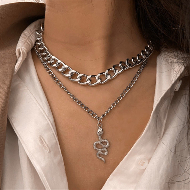 Punk Chunky Chain Double Snake Pendant Necklace