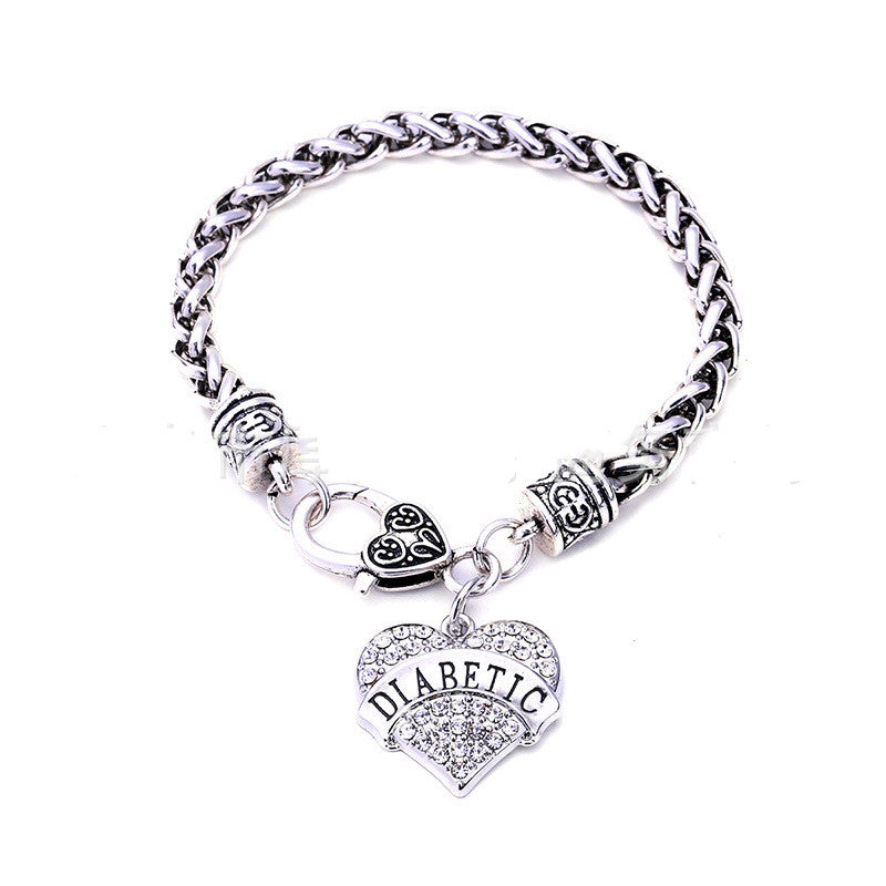 Zinc Alloy Diamond Heart-shaped DIABETIC Bracelet
