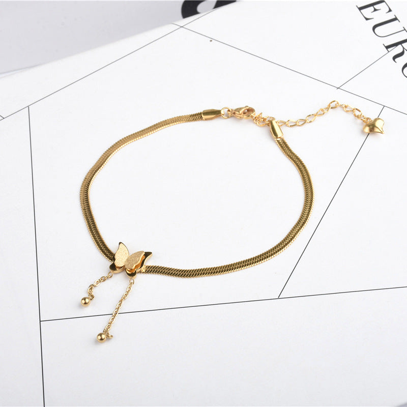 Women's Gold Titanium Steel Tassel Beanie Butterfly Anklet