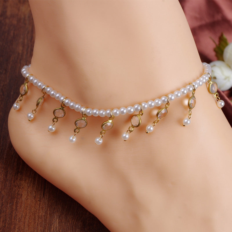 All-match Pearl Crystal Tassel Elastic Anklet