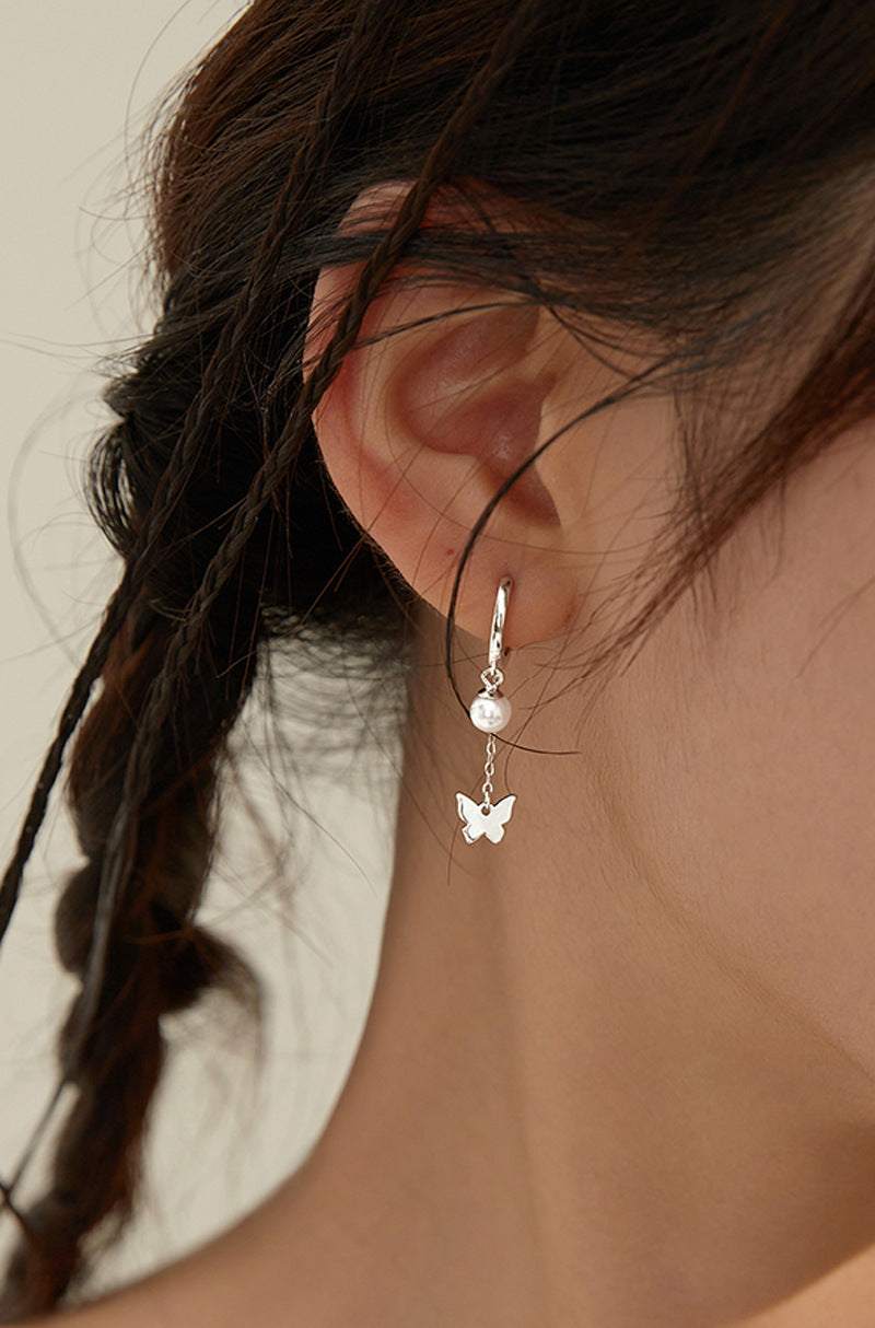 Short Pearl Tassel Butterfly Small Earrings