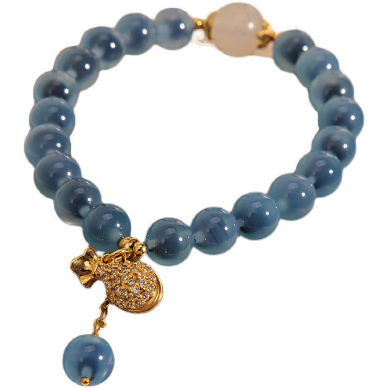 Natural Blue Agate Stone Crystal Money Bag Charm Bracelet