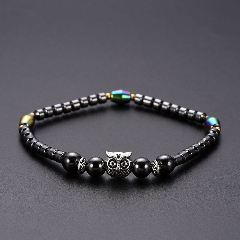 Magnetic Hematite Electroplated AB Color Round Bead Owl Anklet