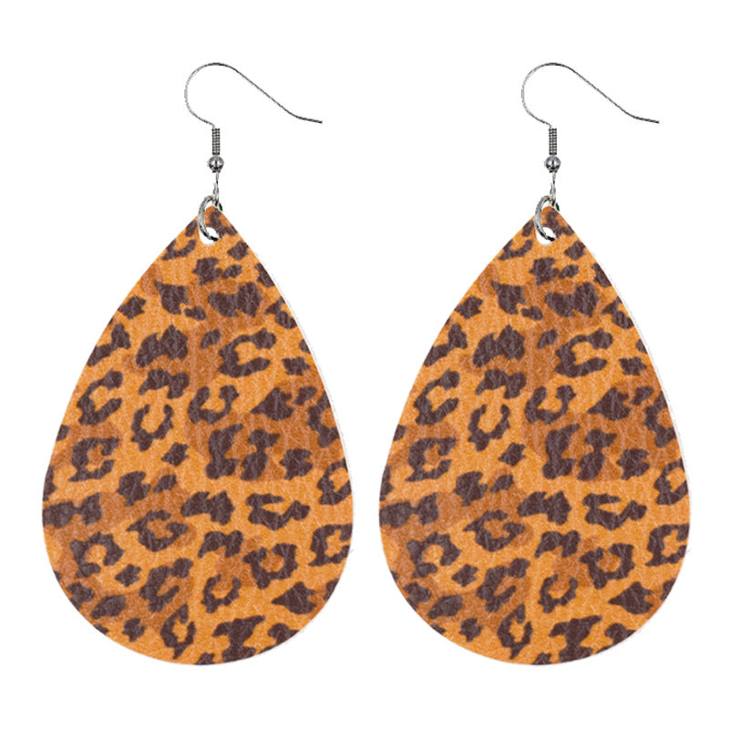 Leather Earrings With Drop-shaped Leopard Print On Both Sides