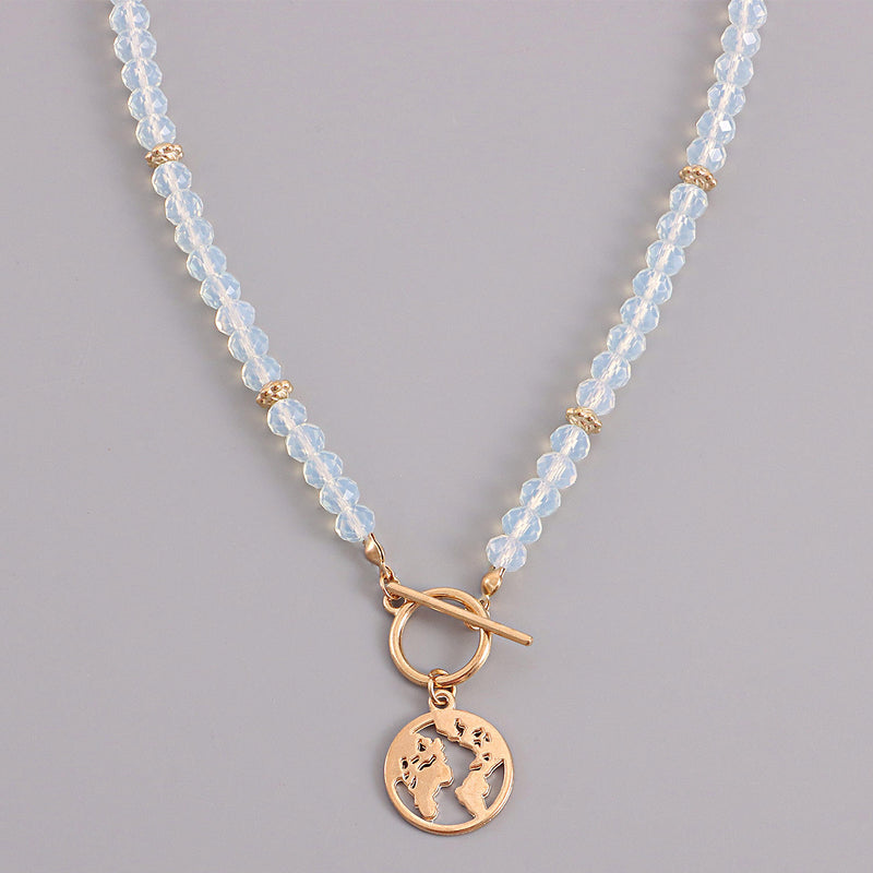 Pearl Chain World Map Hollow Pendant Necklace Female
