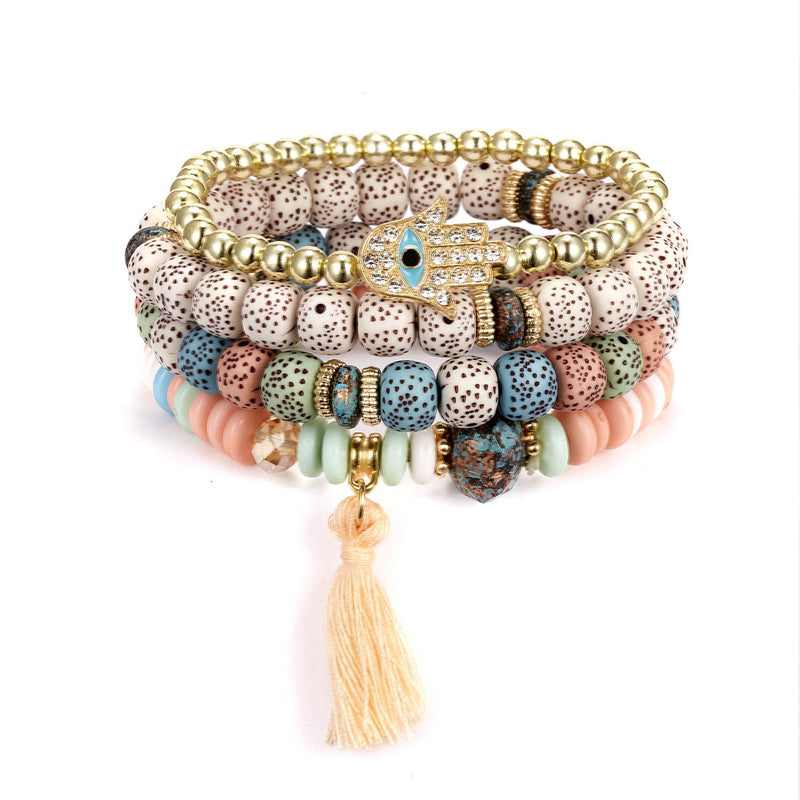 Fashion New Multi-layer Beaded Bracelet 4-pack Palm Tassel Bodhi Beads Beaded Elastic Bracelet Set