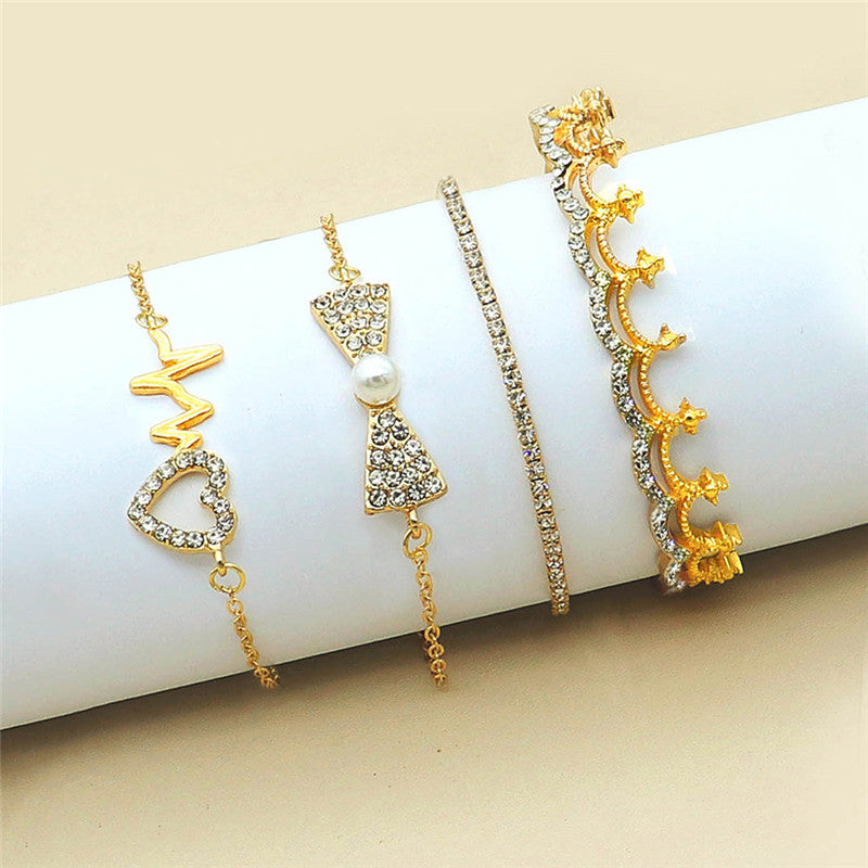 Full Rhinestone Bowknot Love Heart Crown ECG Bracelet