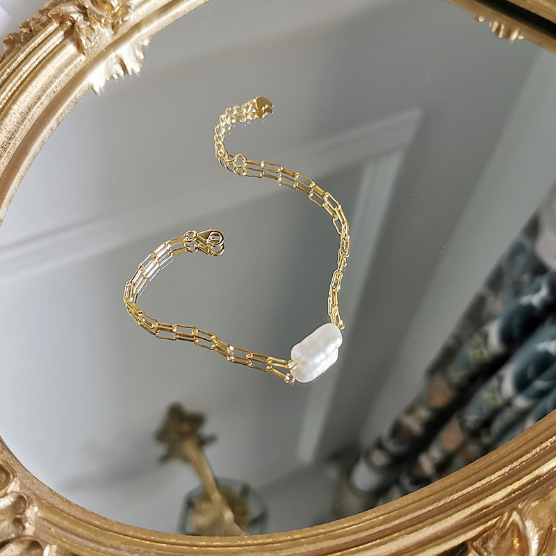 French Vintage Baroque Shaped Pearl Sterling Silver Bracelet
