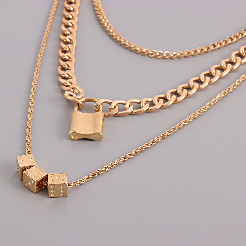 Multilayer Cuban Thick Chain Dice Lock Row Pendant Necklace