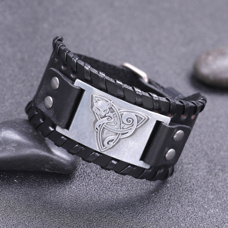 Men's Antique Silver Fox Retro Cattle Leather Bracelet