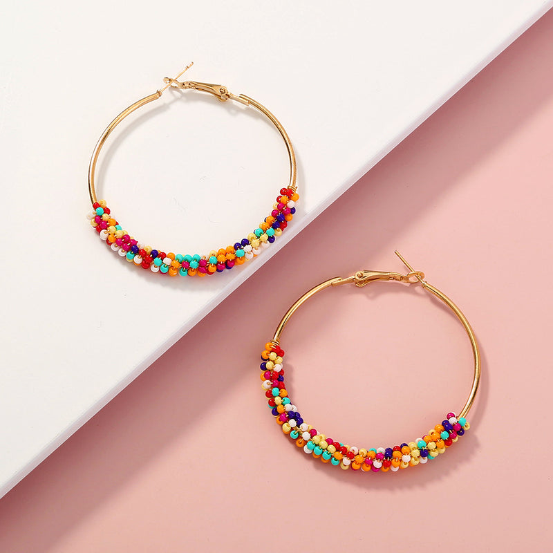 Bohemian Ethnic Style Multicolor Rice Beads Exaggerated Golden Large Circle Earrings