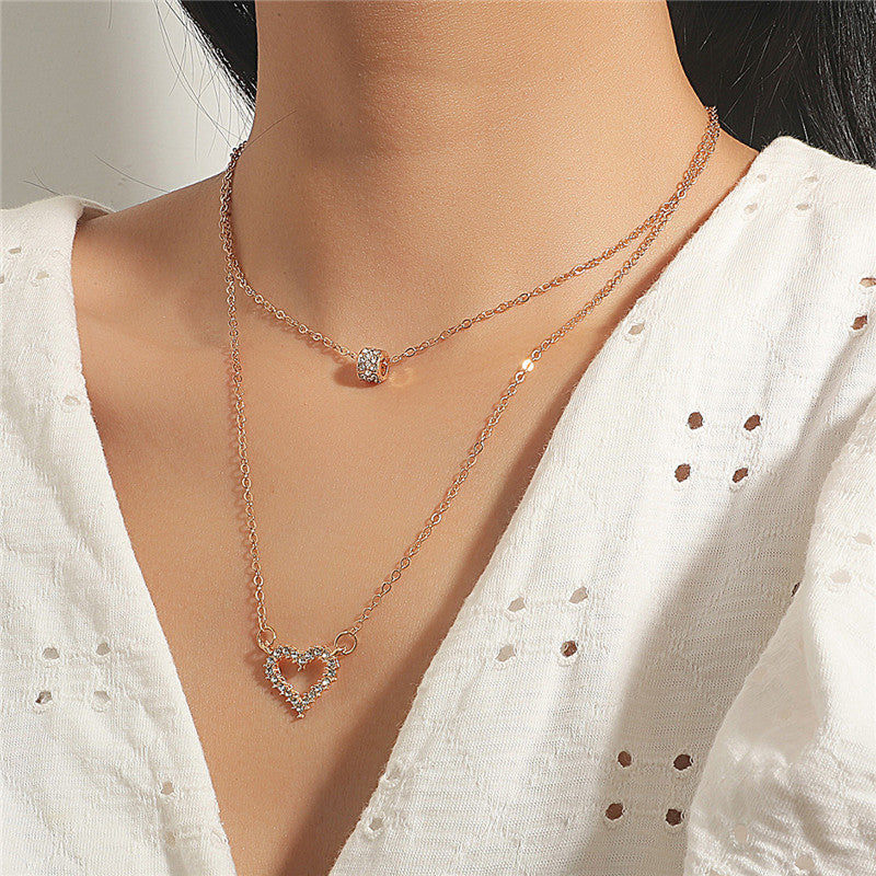 Double Layer Pendant Necklace Multilayer Zircon Heart Clavicle Chain